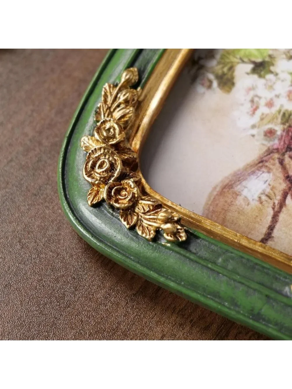 Vintage 4x6 Floral Picture Frame - Green & Gold Arched Resin Decor Accent